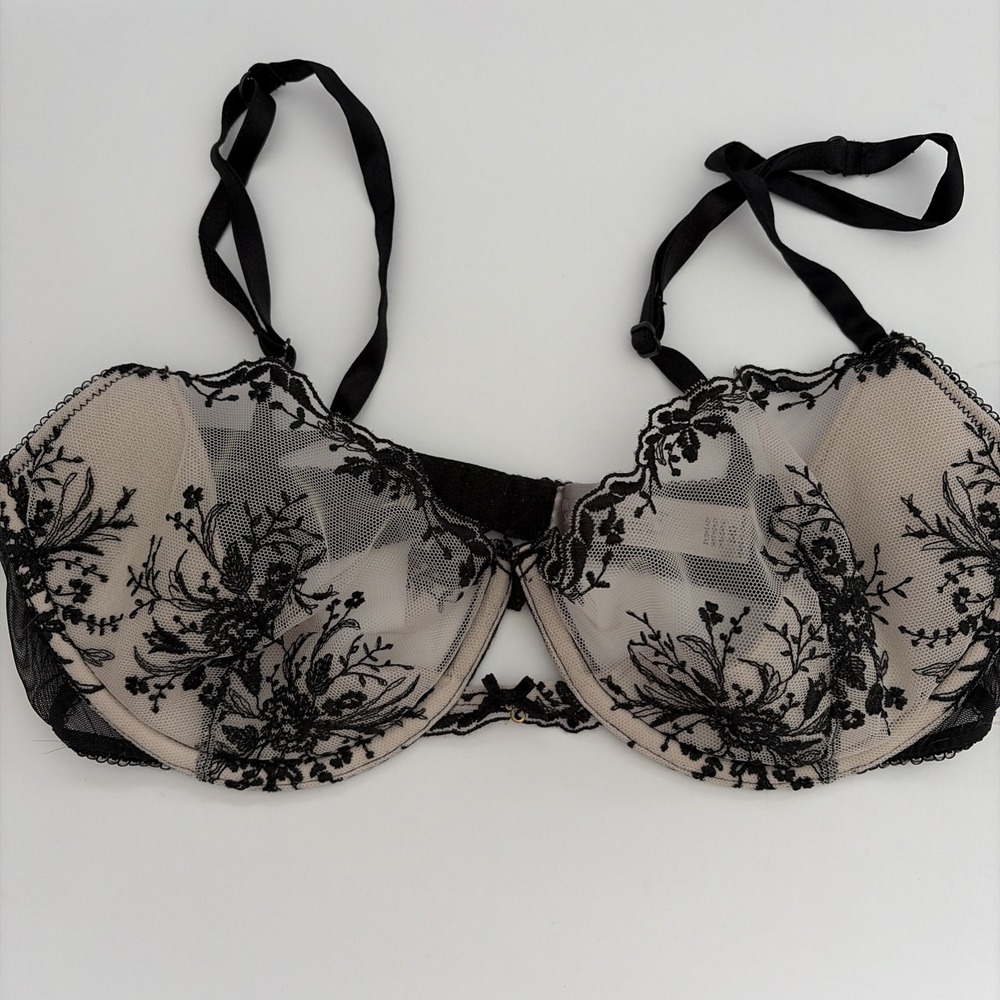 Victoria's Secret 34D Black Embroidered Mesh Unlined Underwire Bra Sheer